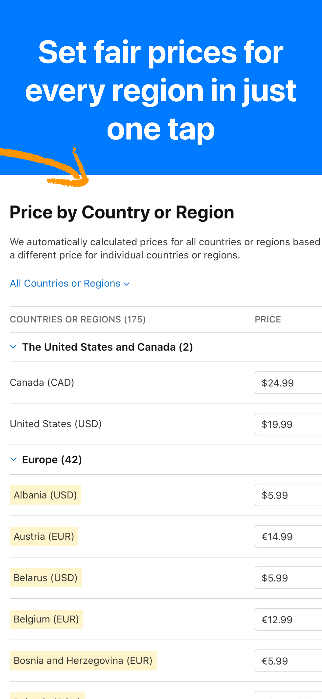 PPP Price Planner configuration screen with regional options